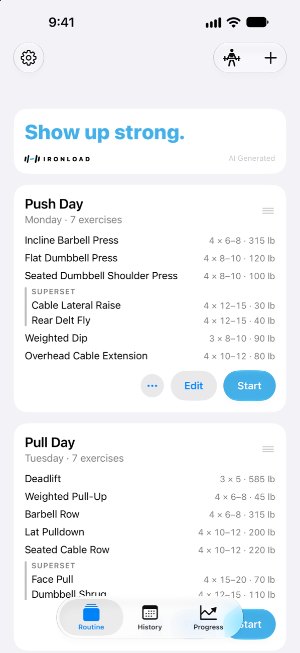Ironload Routine tab with Push Day and Pull Day cards listing exercises, sets, reps, and weights