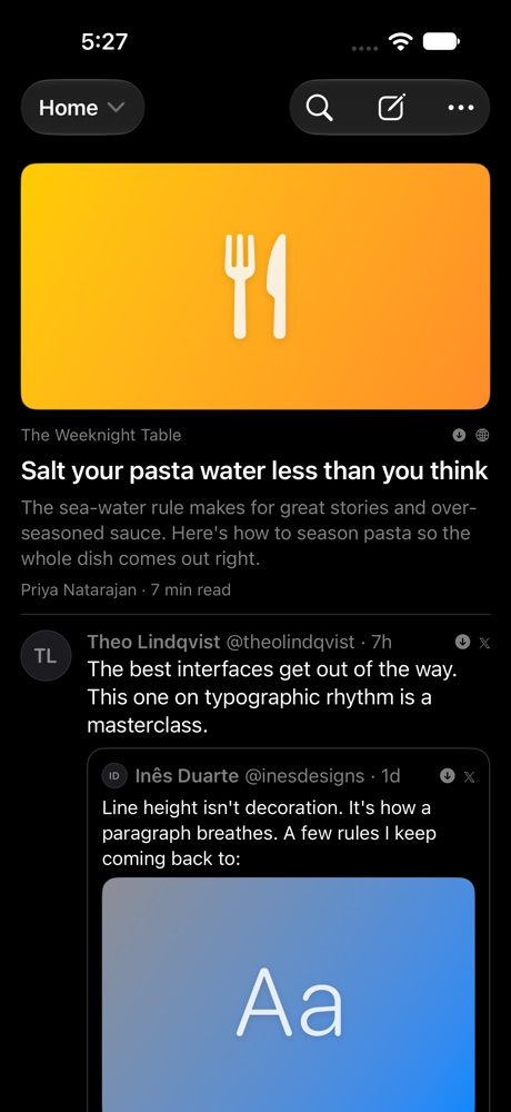Tuck's Home timeline in dark mode with a saved article and a post quoting another post