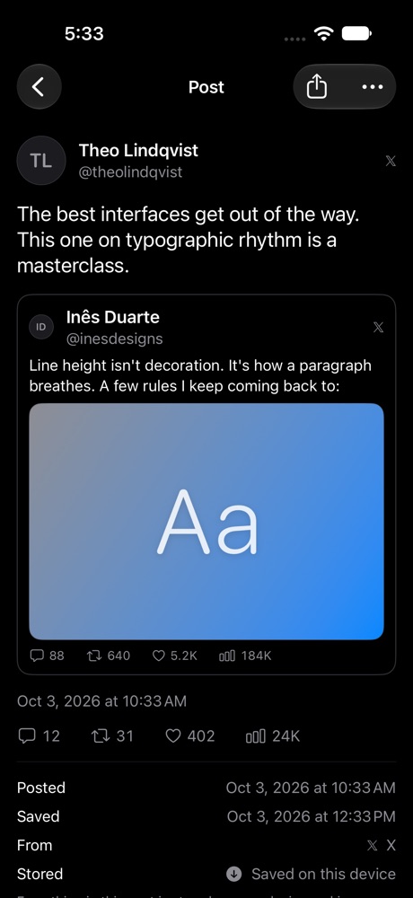 A saved post with a quoted post nested inside it