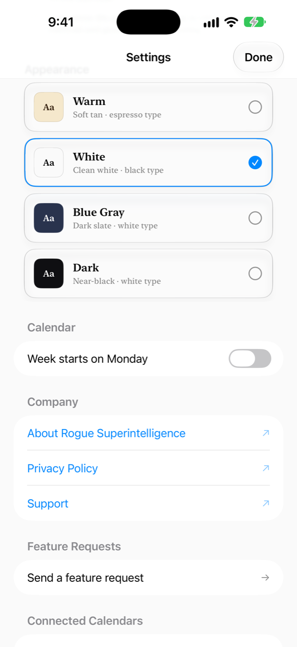 Winter Calendar settings showing the Warm, White, Blue Gray, and Dark theme options
