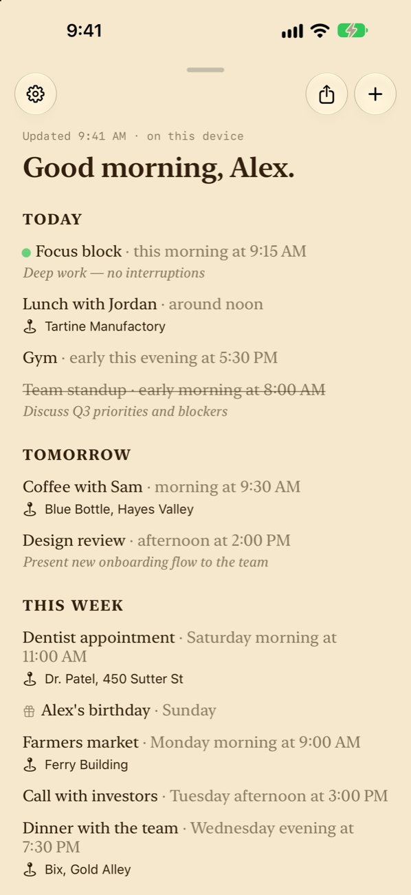 Winter Calendar in the Warm theme: a Good morning greeting above Today, Tomorrow, and This Week, with a live focus block and lunch with Jordan around noon